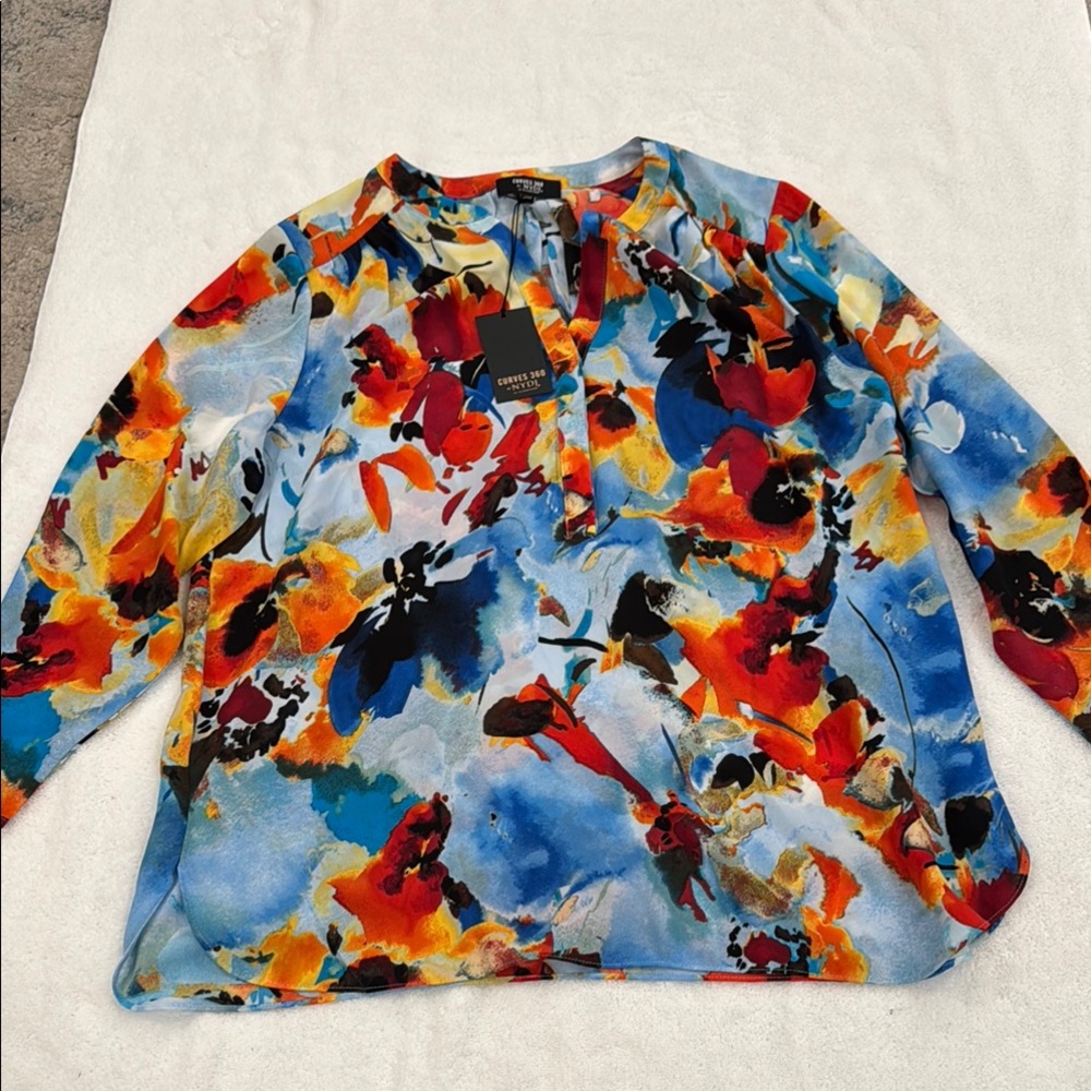 NYDJ Orange Red Graphic Blouse 3/4 Sleeve